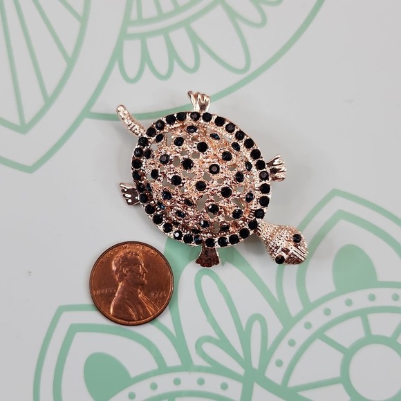 Rose-gold-tone Turtle Brooch with Sapphire-tone Blue Rhinestones - Picture 3 of 4